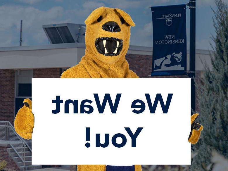  Nittany Lion holds "We Want You" sign.